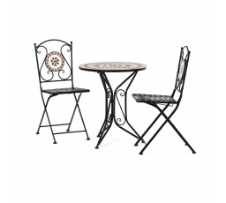 Záhradný set, stôl + 2 stoličky, s keramickou mozaikou, kovová konštrukcia, matný čierny lak.